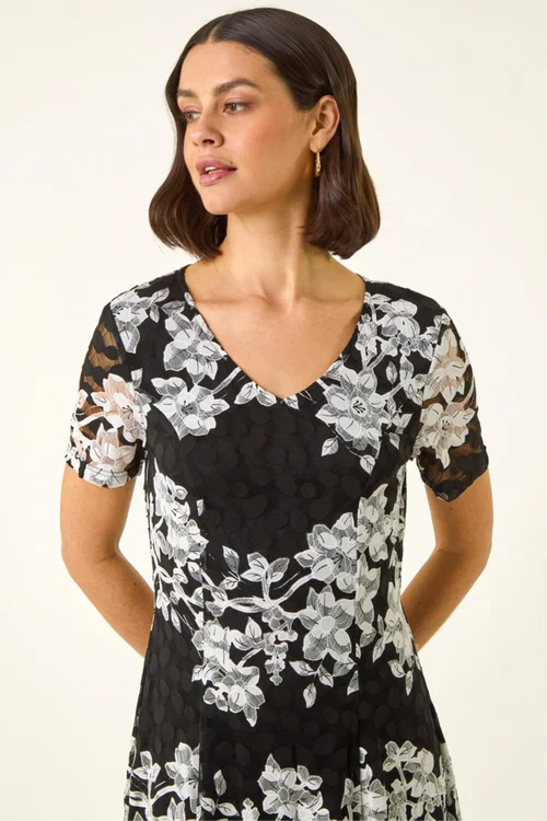 Roman Black Floral Lace Stretch Dress - Size 16 Image 3