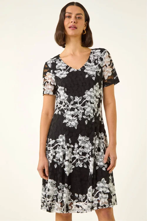 Roman Black Floral Lace Stretch Dress - Size 16 Image 2
