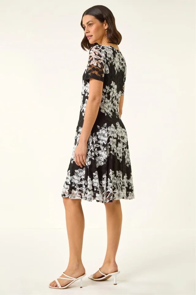 Roman Black Floral Lace Stretch Dress