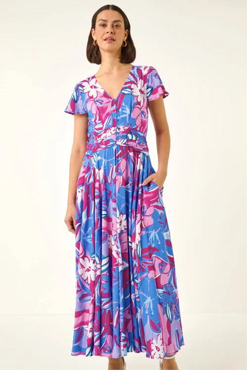 Roman Pink Abstract Floral Ruched Midi Dress - Size 16 Image 4
