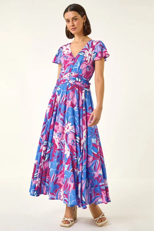 Roman Pink Abstract Floral Ruched Midi Dress - Size 16 Image 2