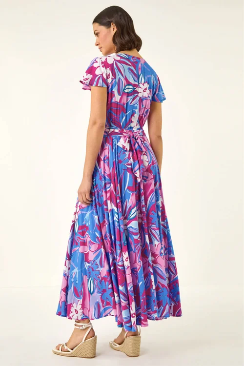 Roman Pink Abstract Floral Ruched Midi Dress - Size 16 Image 3