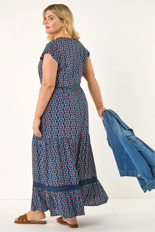 Roman Navy Curve Floral Print Swing Midi Dress - Size 18 Image 3