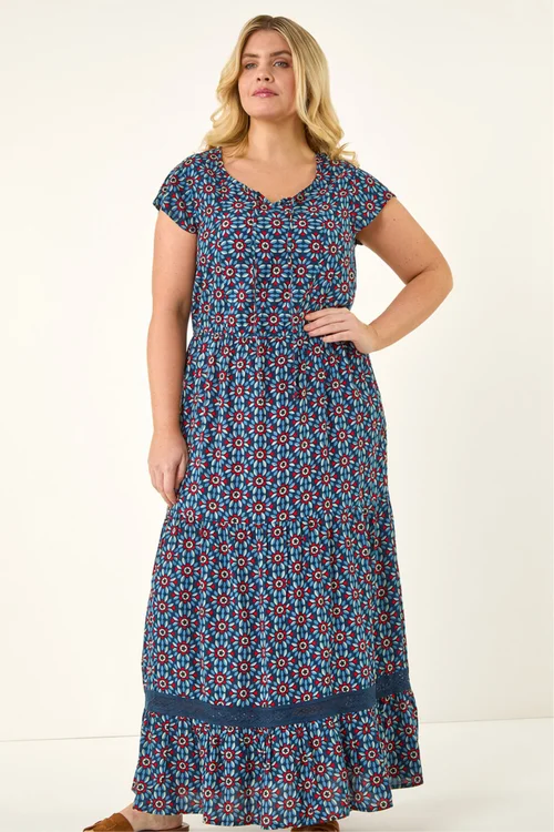 Roman Navy Curve Floral Print Swing Midi Dress - Size 18 Image 2