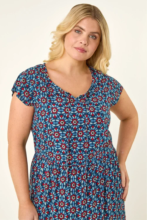 Roman Navy Curve Floral Print Swing Midi Dress - Size 18 Image 4