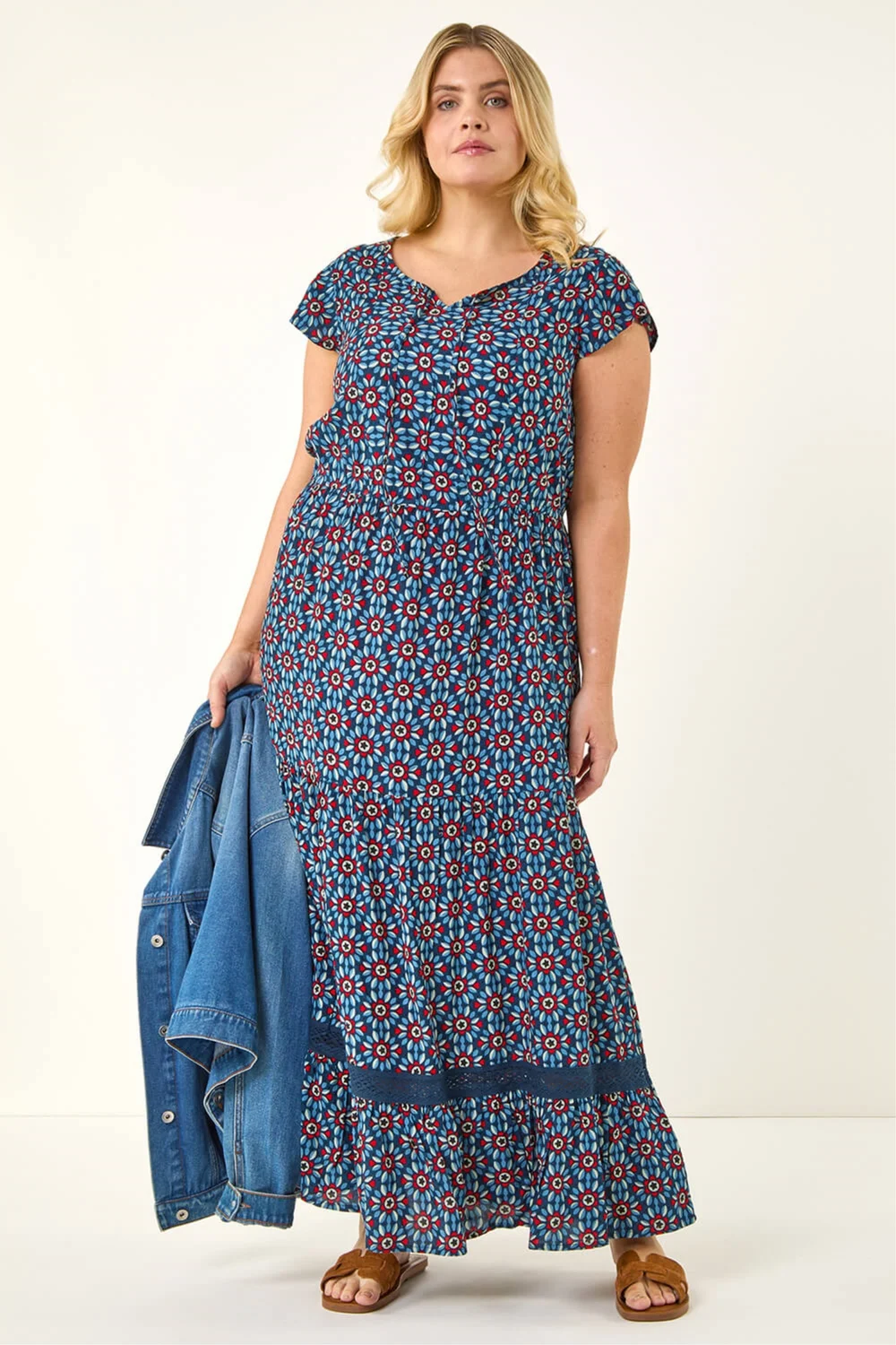 Roman Navy Curve Floral Print Swing Midi Dress - Size 18 Image 1