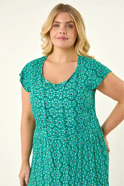 Roman Turquoise Curve Floral Print Swing Midi Dress - Size 18 Image 4