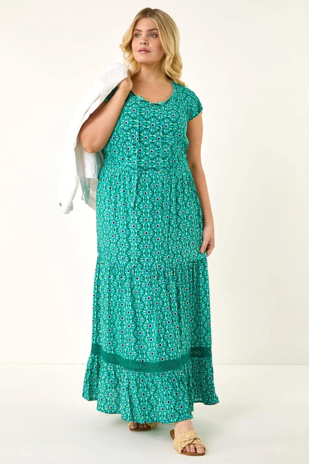 Roman Turquoise Curve Floral Print Swing Midi Dress - Size 18 Image 1