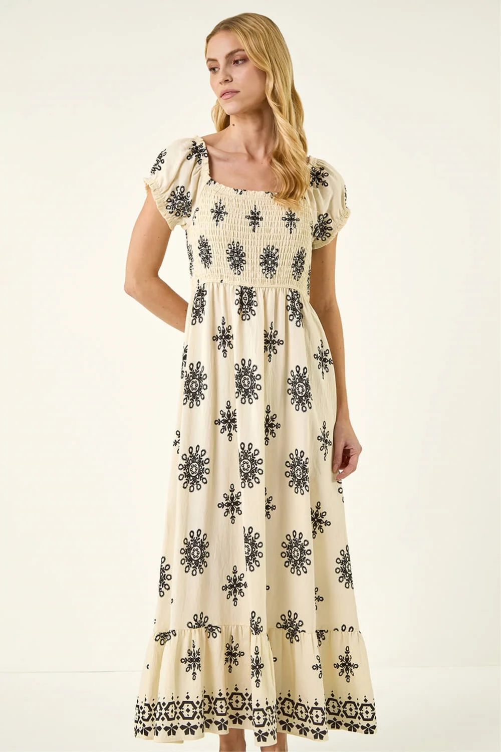 Roman Ivory Borderie Shirred Maxi Dress - 12 Image 1