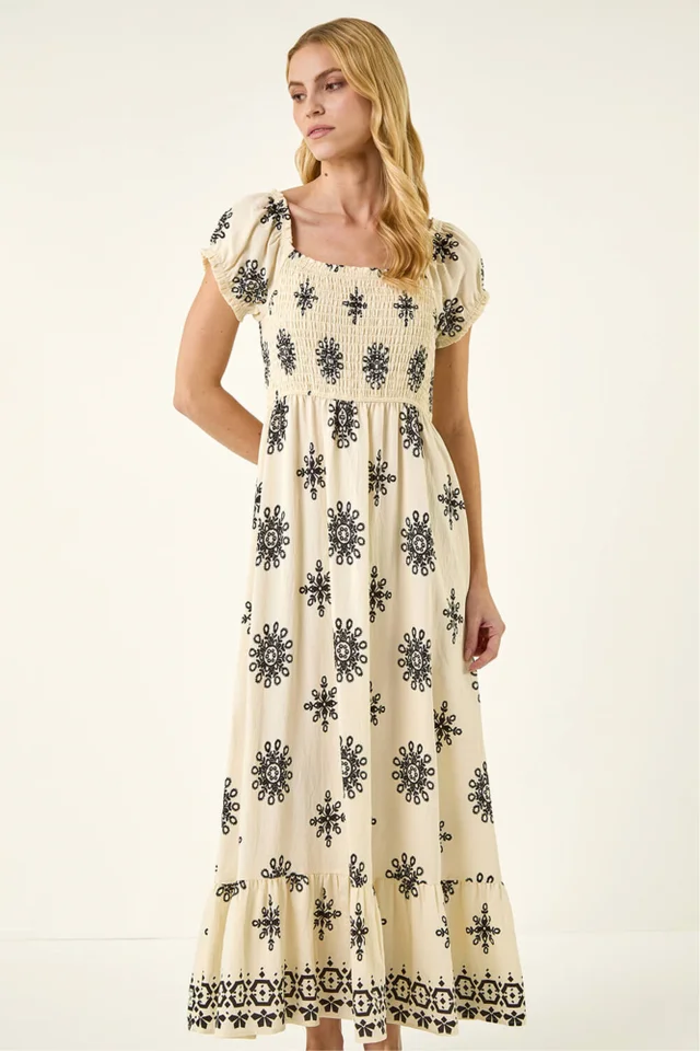 Roman Ivory Borderie Shirred Maxi Dress