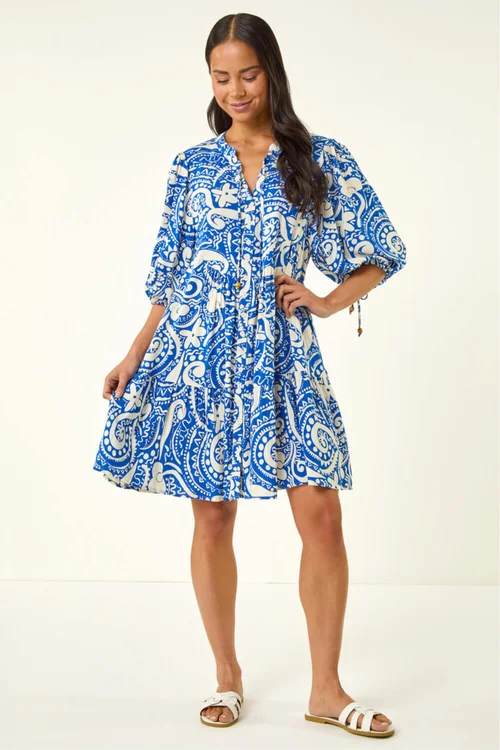 Roman Royal Blue Petite Print Button Smock Dress - 10 Image 2