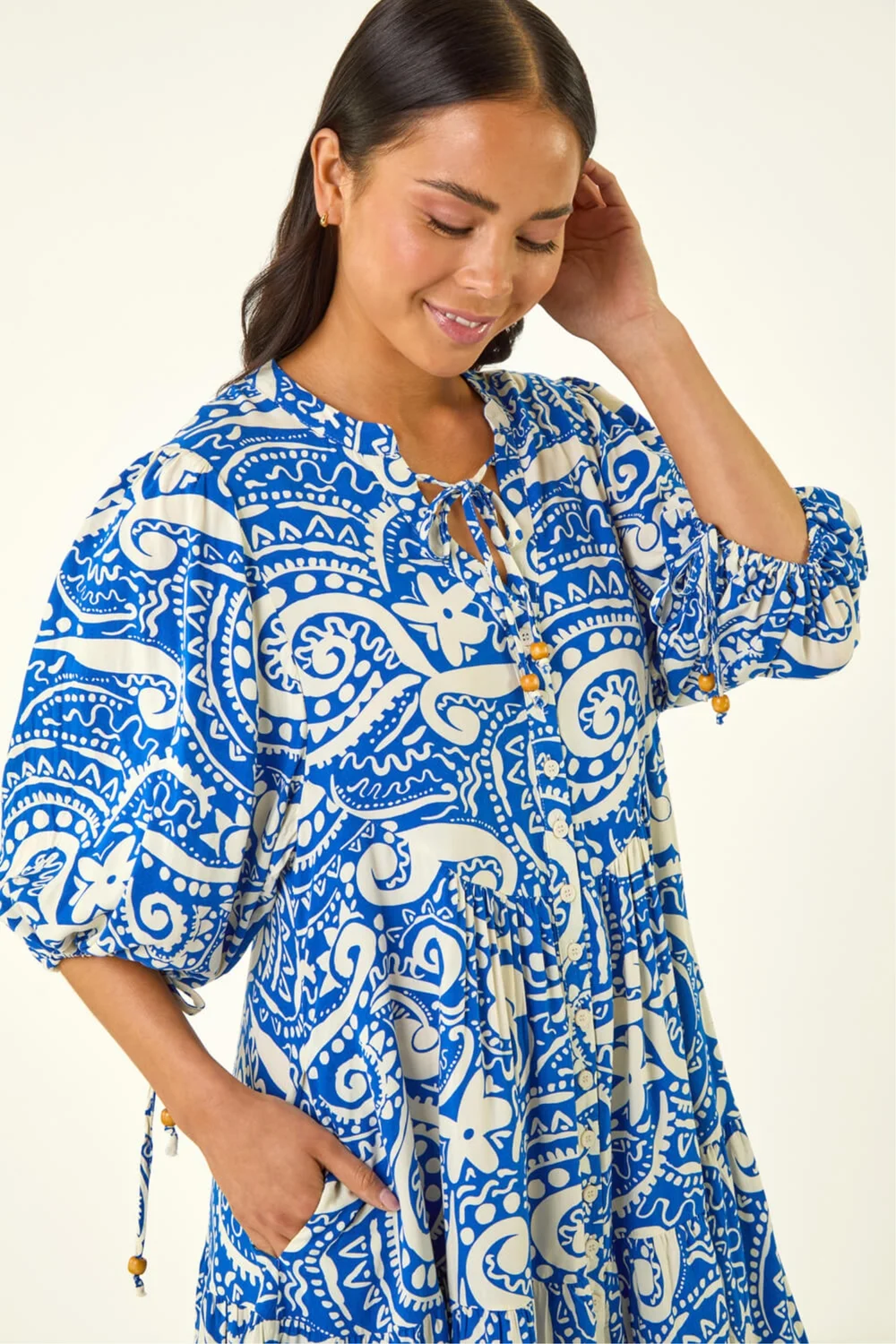 Roman Royal Blue Petite Print Button Smock Dress - 10 Image 4