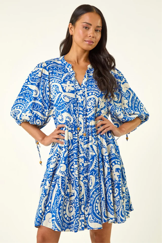Roman Royal Blue Petite Print Button Smock Dress