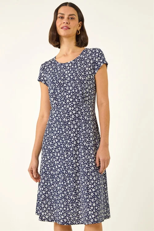 Roman Navy Ditsy Floral Spot Tea Dress - Size 20 Image 2