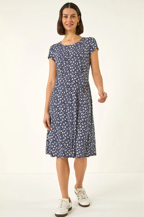 Roman Navy Ditsy Floral Spot Tea Dress - Size 20 Image 1
