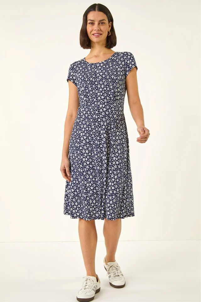 Roman Navy Ditsy Floral Spot Tea Dress