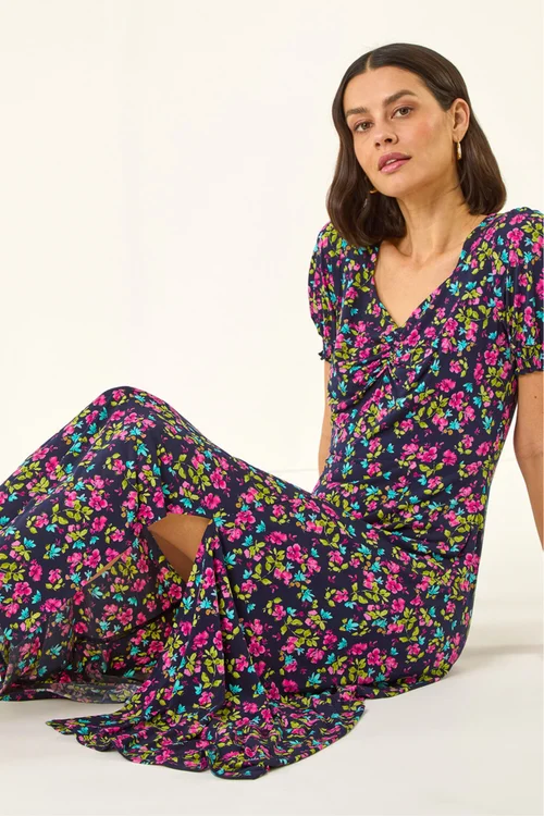 Roman Pink Floral Print Ruched Stretch Midi Dress - Size 20 Image 1