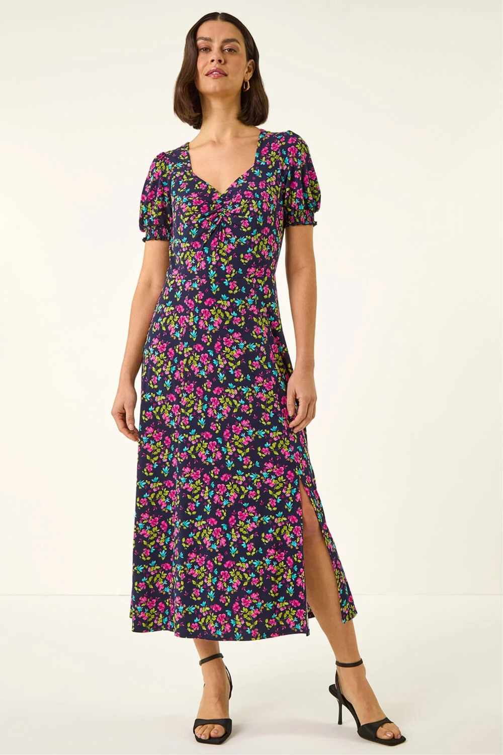 Roman Pink Floral Print Ruched Stretch Midi Dress - 20 Image 2