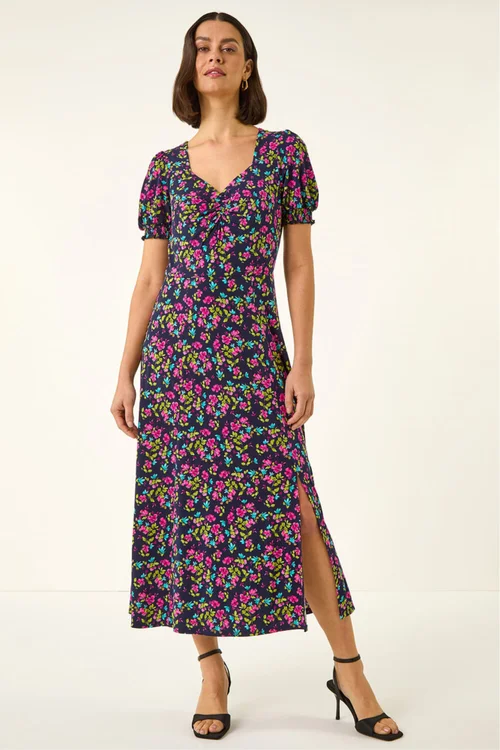 Roman Pink Floral Print Ruched Stretch Midi Dress - Size 20 Image 2