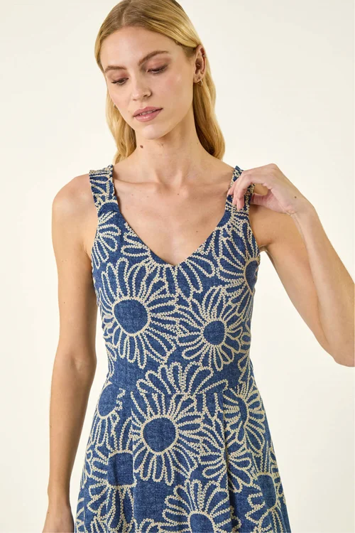 Roman Blue Floral Puff Print Midi Dress - 12 Image 4