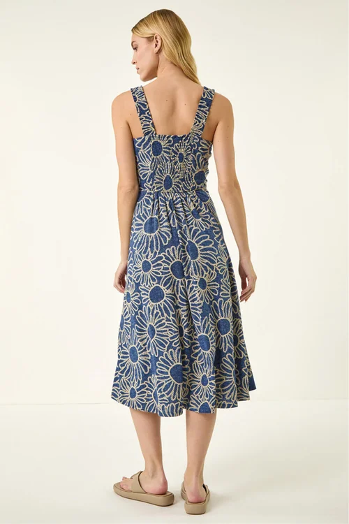 Roman Blue Floral Puff Print Midi Dress - 12 Image 3