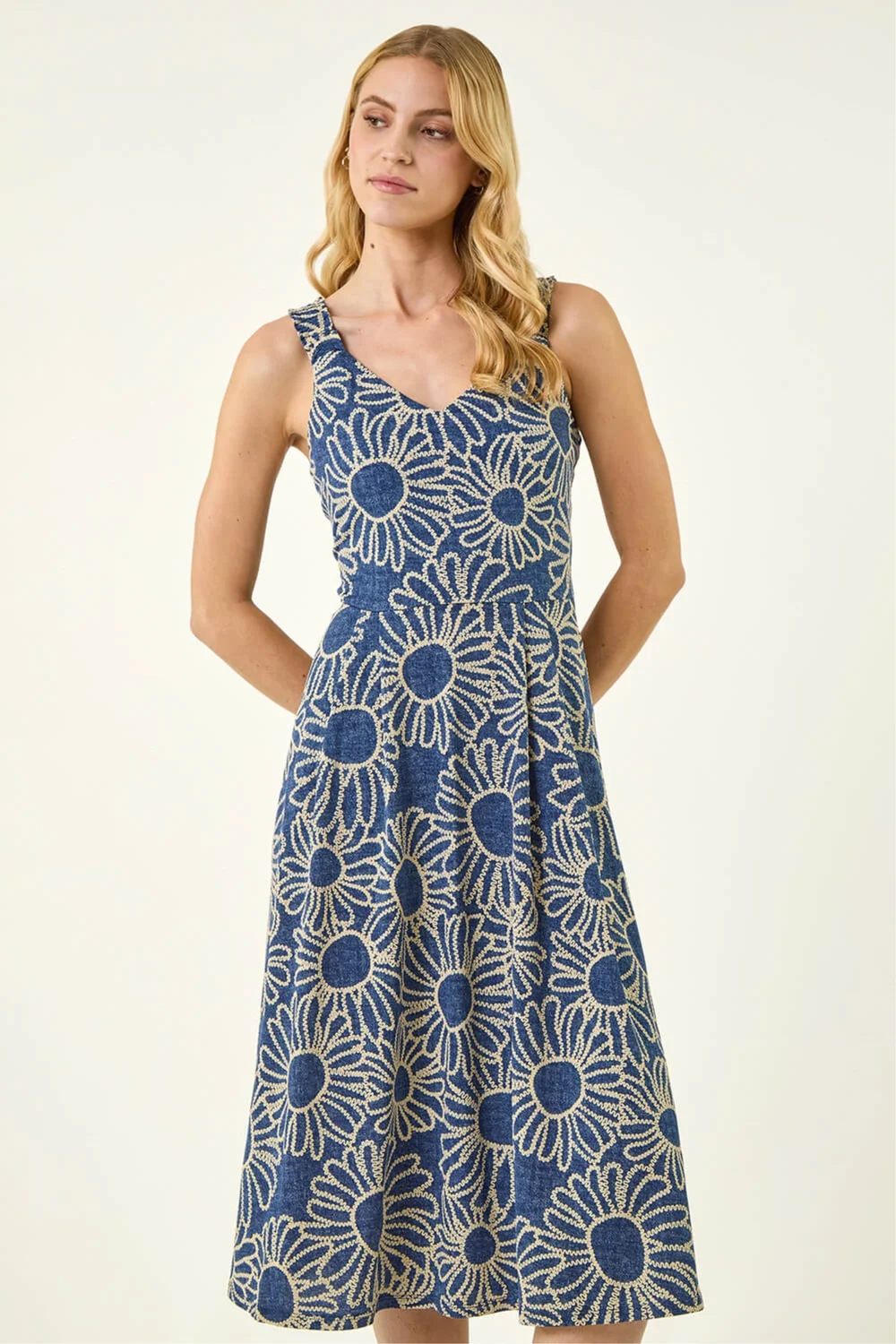 Roman Blue Floral Puff Print Midi Dress - 12 Image 1