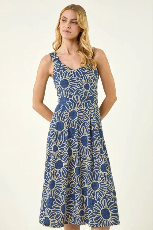 Roman Blue Floral Puff Print Midi Dress - 12 Image 1