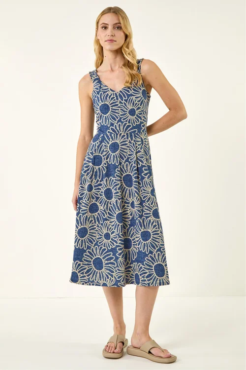 Roman Blue Floral Puff Print Midi Dress - 12 Image 2