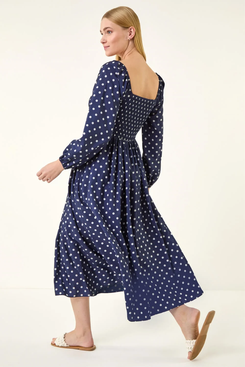 Roman Navy Spot Shirred Midi Dress - Size 18 Image 1