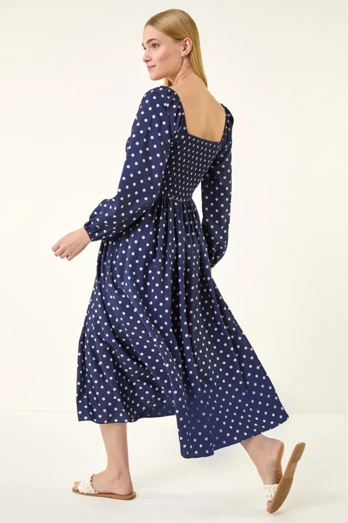 Roman Navy Spot Shirred Midi Dress - Size 18 Image 1