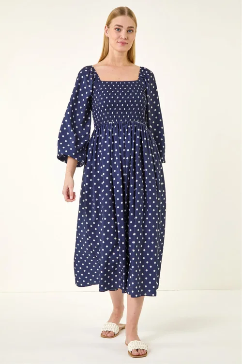 Roman Navy Spot Shirred Midi Dress - Size 18 Image 3