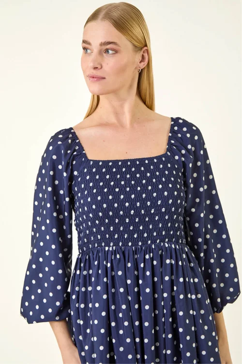 Roman Navy Spot Shirred Midi Dress - Size 18 Image 4
