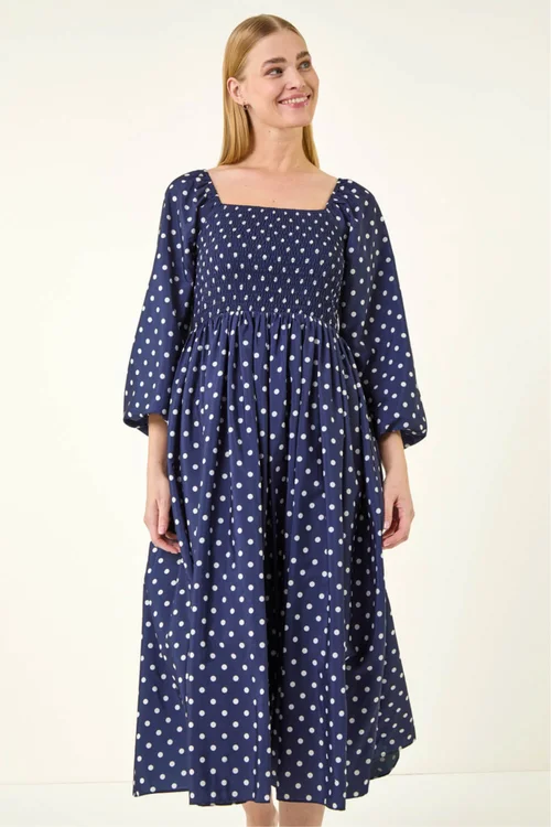 Roman Navy Spot Shirred Midi Dress - Size 18 Image 2