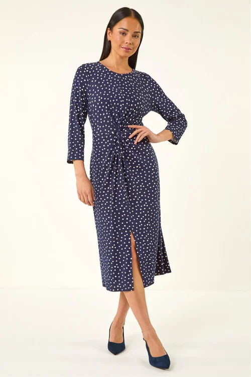 Roman Navy Petite Spot Front Knot Dress - 12 Image 2
