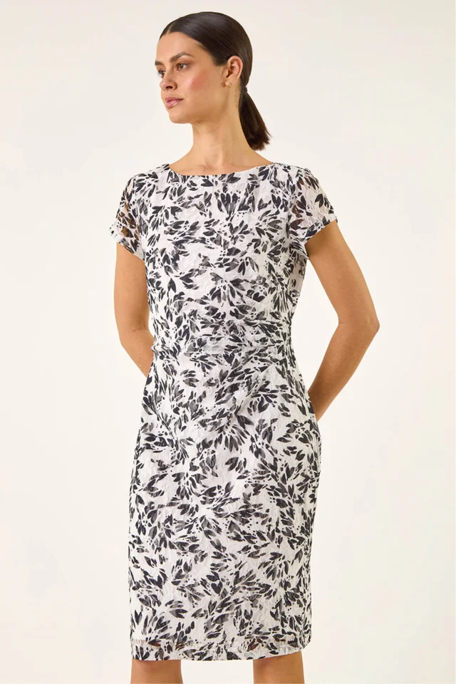 Roman White Heart Print Lace Stretch Dress