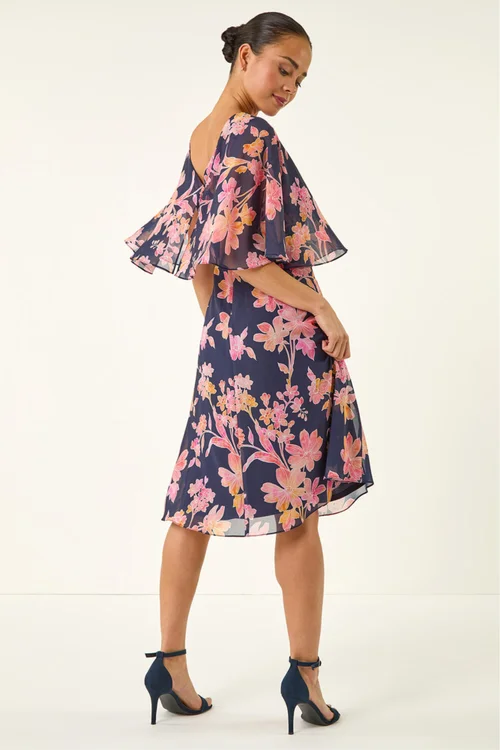 Roman Navy Petite Floral Print Cape Dress - 12 Image 3