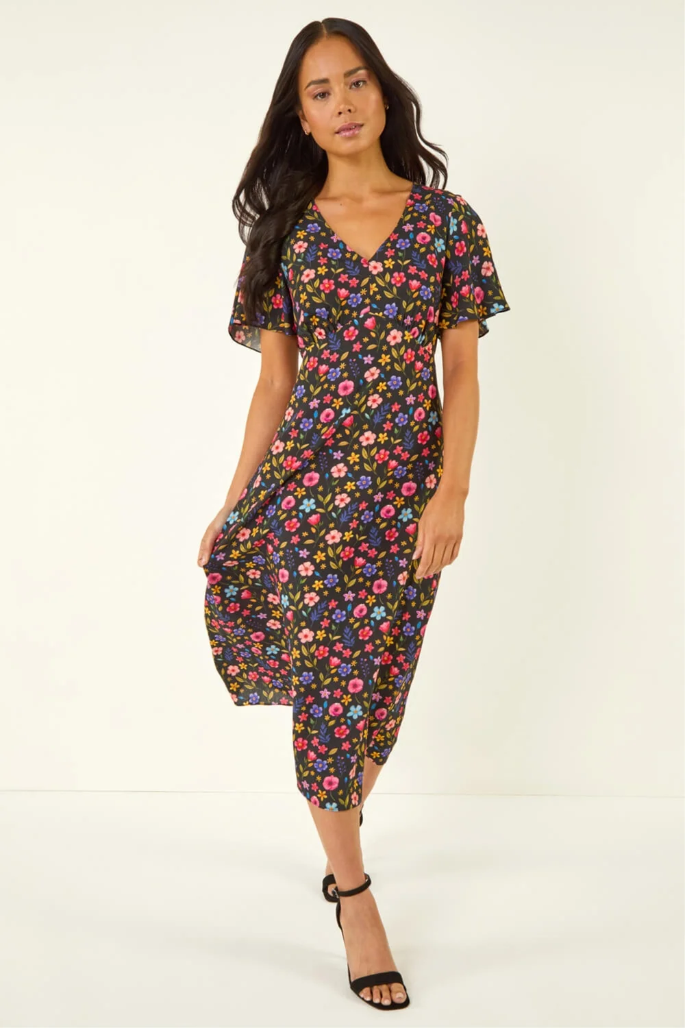 Roman Black Petite Ditsy Floral Print Midi Dress - Size 18 Image 1