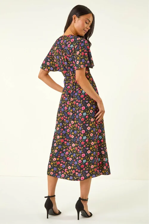 Roman Black Petite Ditsy Floral Print Midi Dress - Size 18 Image 3