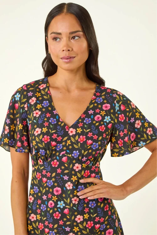 Roman Black Petite Ditsy Floral Print Midi Dress - Size 18 Image 4