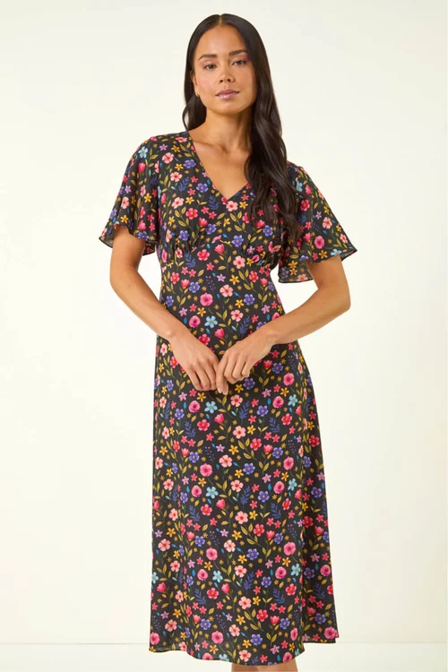 Roman Black Petite Ditsy Floral Print Midi Dress - Size 18 Image 2