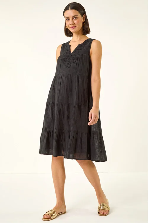 Roman Black Cotton Trim Detail Smock Dress - Size 20 Image 2