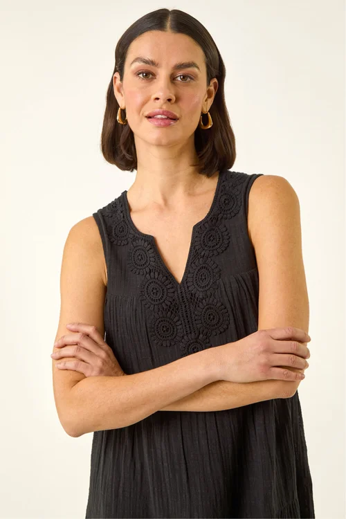 Roman Black Cotton Trim Detail Smock Dress - Size 20 Image 4