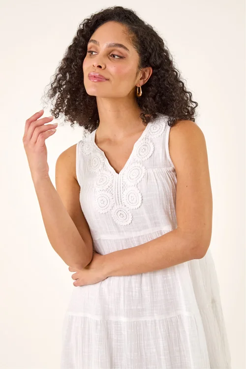 Roman White Cotton Trim Detail Smock Dress - Size 16 Image 4