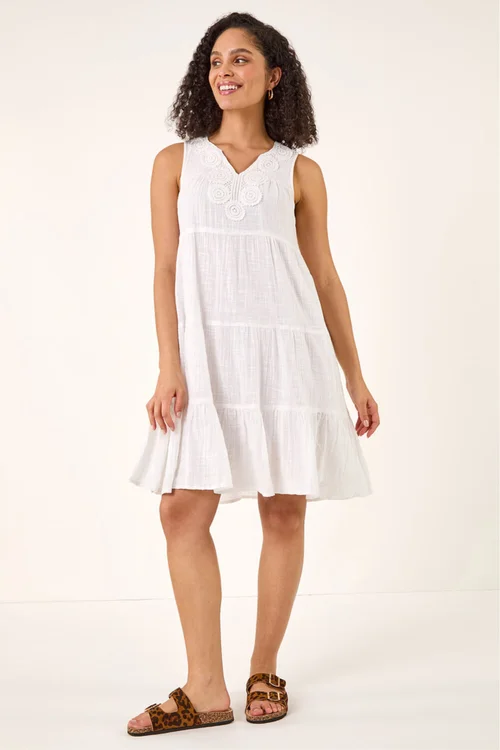 Roman White Cotton Trim Detail Smock Dress - Size 16 Image 2
