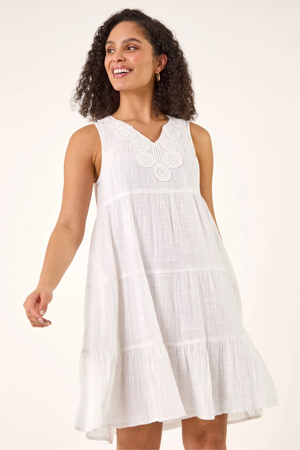 Roman White Cotton Trim Detail Smock Dress - Size 16 Image 1