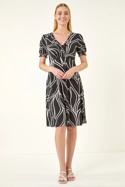 Roman Black Leaf Print Gathered Midi Dress - Size 20 Image 2