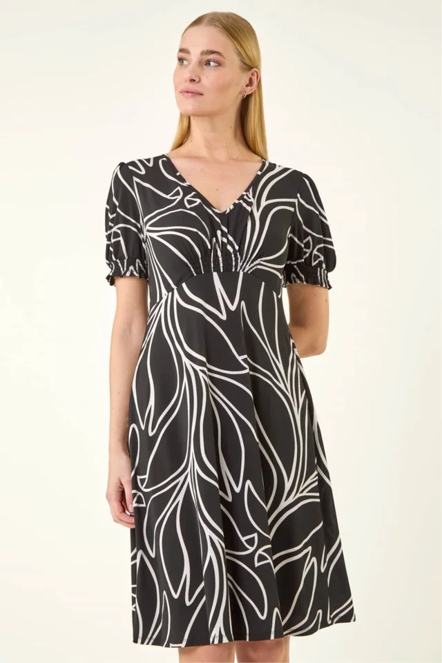Roman Black Leaf Print Gathered Midi Dress