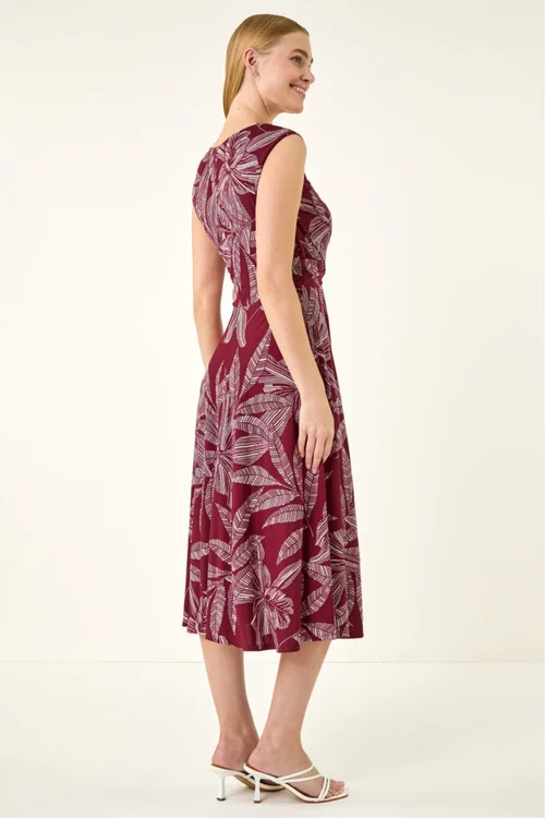 Roman Red Leaf Print Twist Front Stretch Dress - 18 Image 3