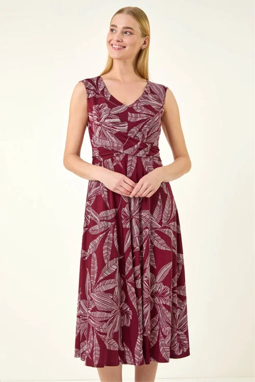 Roman Red Leaf Print Twist Front Stretch Dress - 18 Image 4