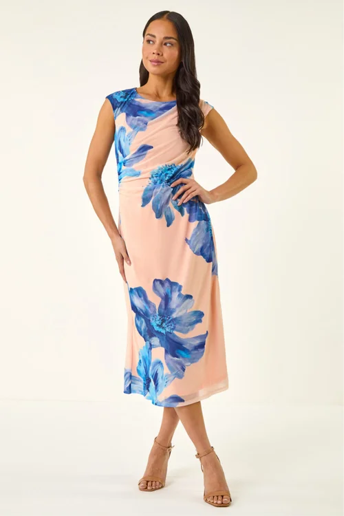 Roman Blue Petite Side Ruched Mesh Midi Dress - Size 18 Image 2